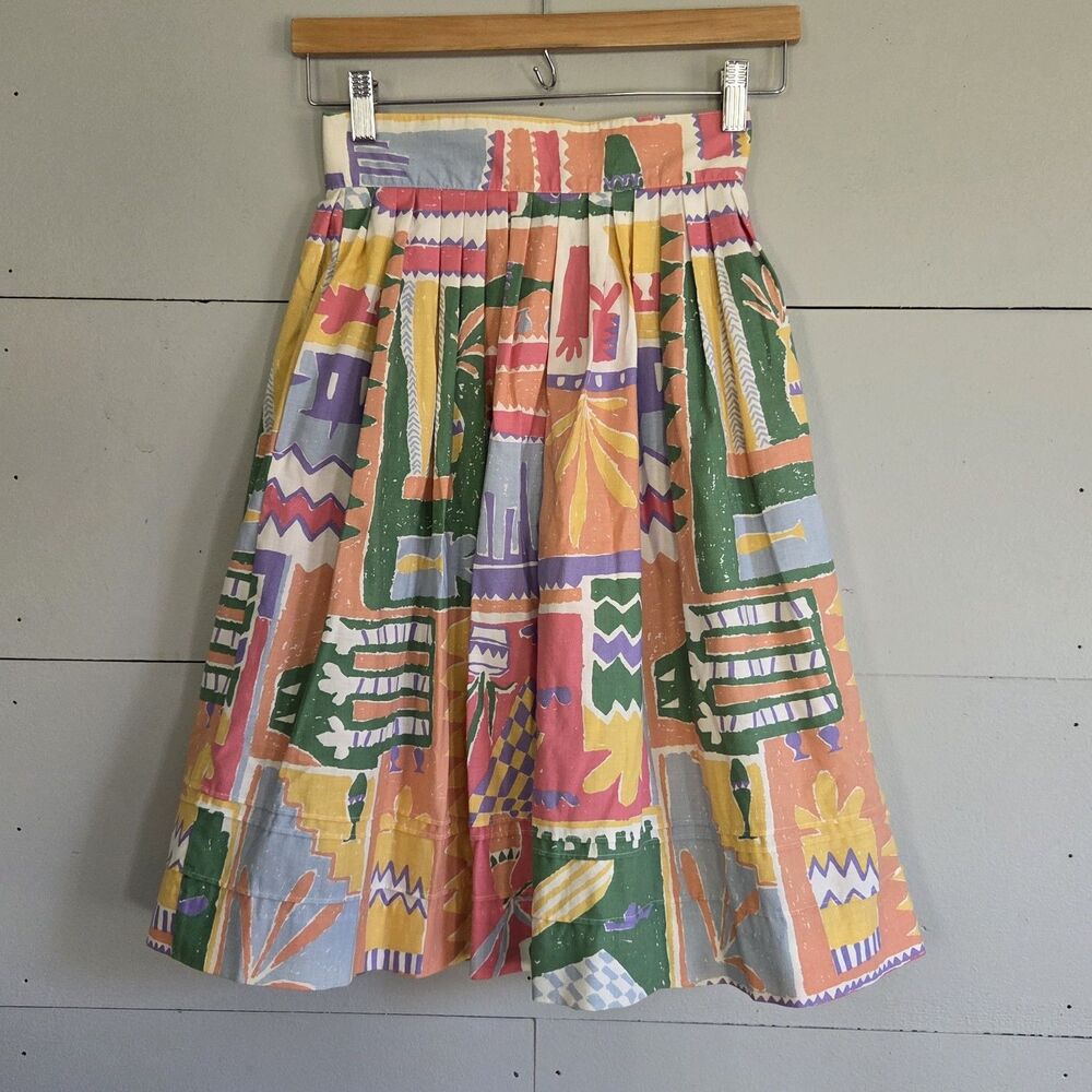 Vintage Laura Ashley Geometric Pleated A-Line Midi Skirt Cotton Zip Multicolor 8